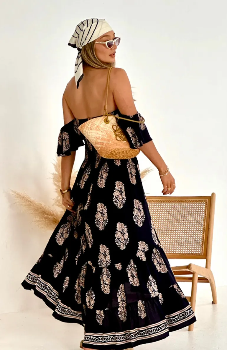 Daisy Bandeau High Low Dress in Navy Print