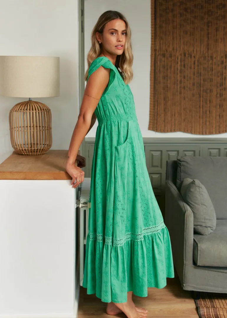 Emerald Embroidered Carmen Maxi Dress