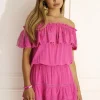 Hot Pink Off Shoulder Ruffled Voile Mini Dress Lily