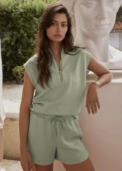 Loretta Half Zip Sleeveless Sweat in Snow Sage