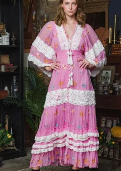 Madame Butterfly Embroidered Dress in Fuchsia