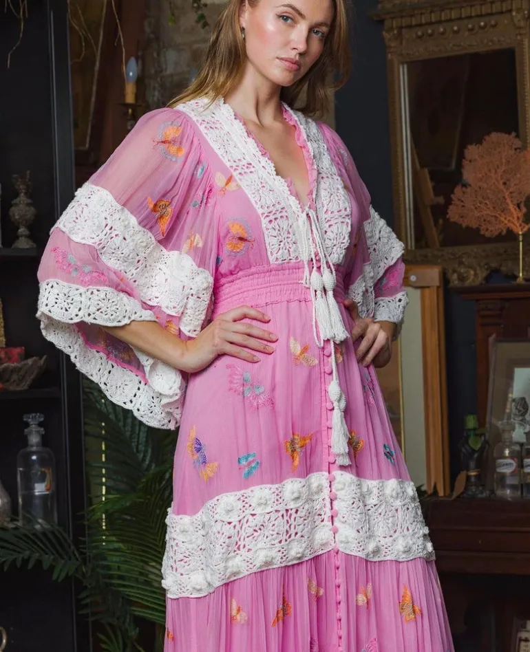 Madame Butterfly Embroidered Dress in Fuchsia