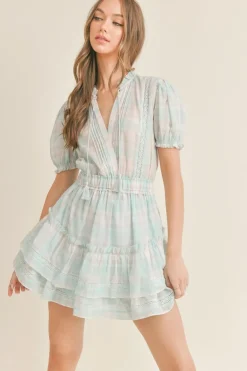 Mini Ruffle Dress in Checkered Aqua