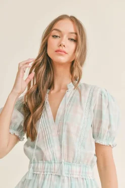 Mini Ruffle Dress in Checkered Aqua