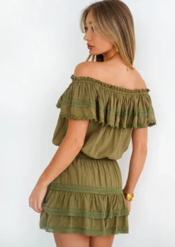 Olive Off Shoulder Ruffled Voile Mini Dress Lily