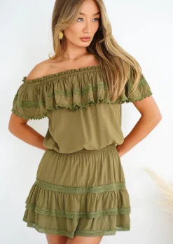 Olive Off Shoulder Ruffled Voile Mini Dress Lily
