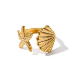 Starfish and Shell Open Ring
