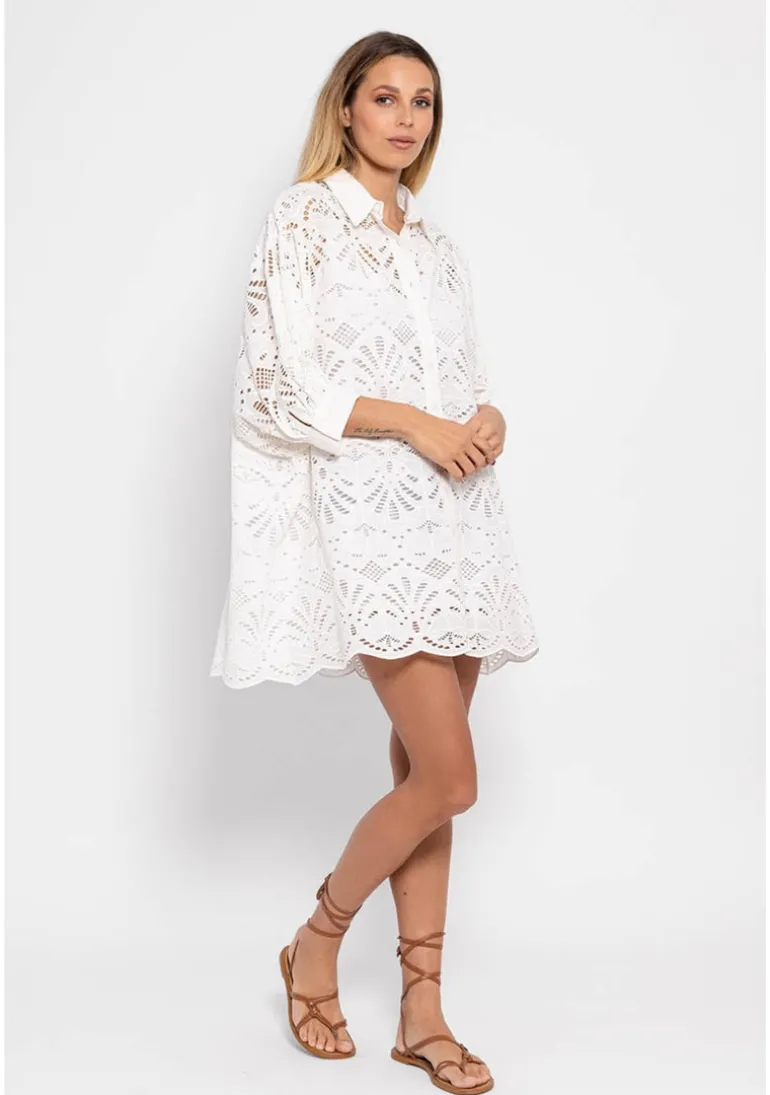 White Cotton eyelet Shirt Dress Florine