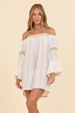 White Lurex Stripe Off Shoulder Mini Dress