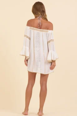 White Lurex Stripe Off Shoulder Mini Dress
